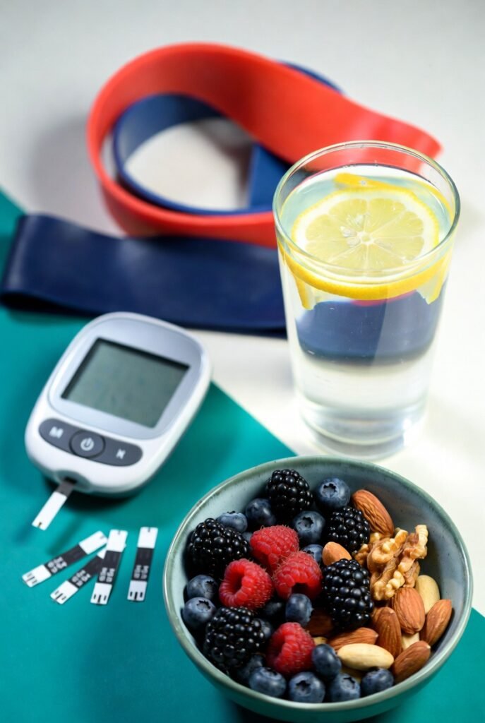 رسم توضيحي يوضح آلية عمل الأنسولين في الخلية بجوار أطعمة صحية منخفضة المؤشر الغلايسيمي - دليل محيط الصحة