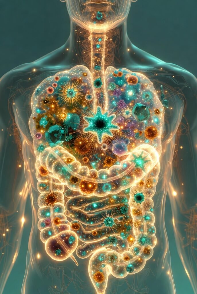 تصميم فني يظهر الجهاز الهضمي محاطاً بمجرات من البكتيريا الملونة لتمثيل تنوع الميكروبيوم - دليل محيط الصحة