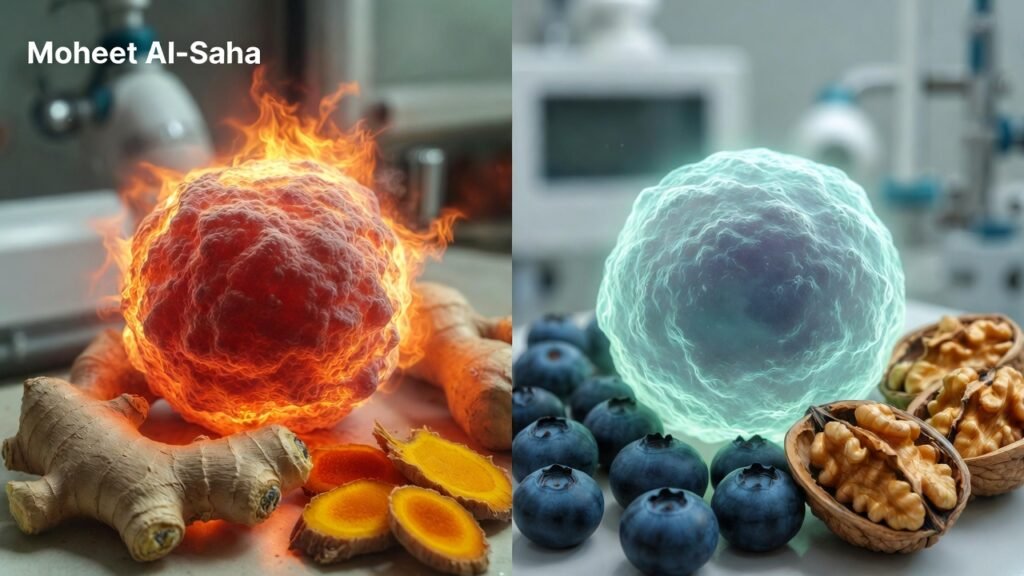 رسم بياني يوضح الفرق بين الخلايا السليمة والخلايا المتضررة من الالتهاب مع صور لأطعمة مضادة للالتهاب مثل الكركم والتوت - محيط الصحة