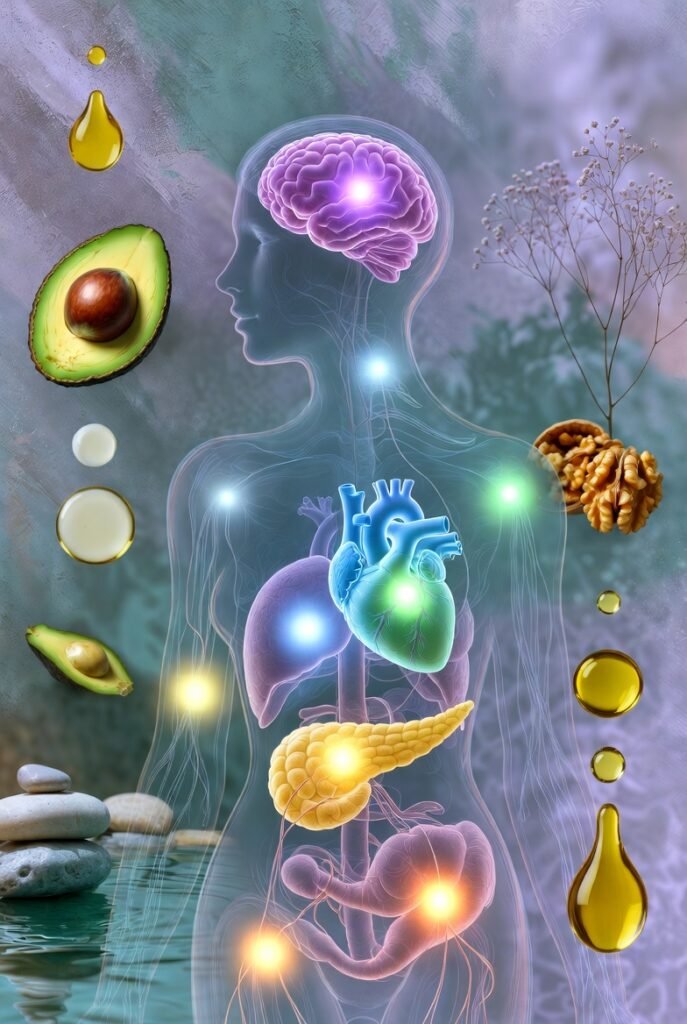 رسم توضيحي يوضح مراكز الغدد الصماء في جسم الإنسان مع أيقونات تمثل الغذاء الصحي والرياضة - دليل محيط الصحة