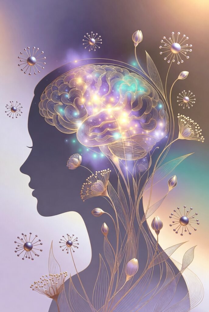 صورة لامرأة تمارس التأمل مع انعكاس حيوي يظهر توازن هرموناتها - محيط الصحة